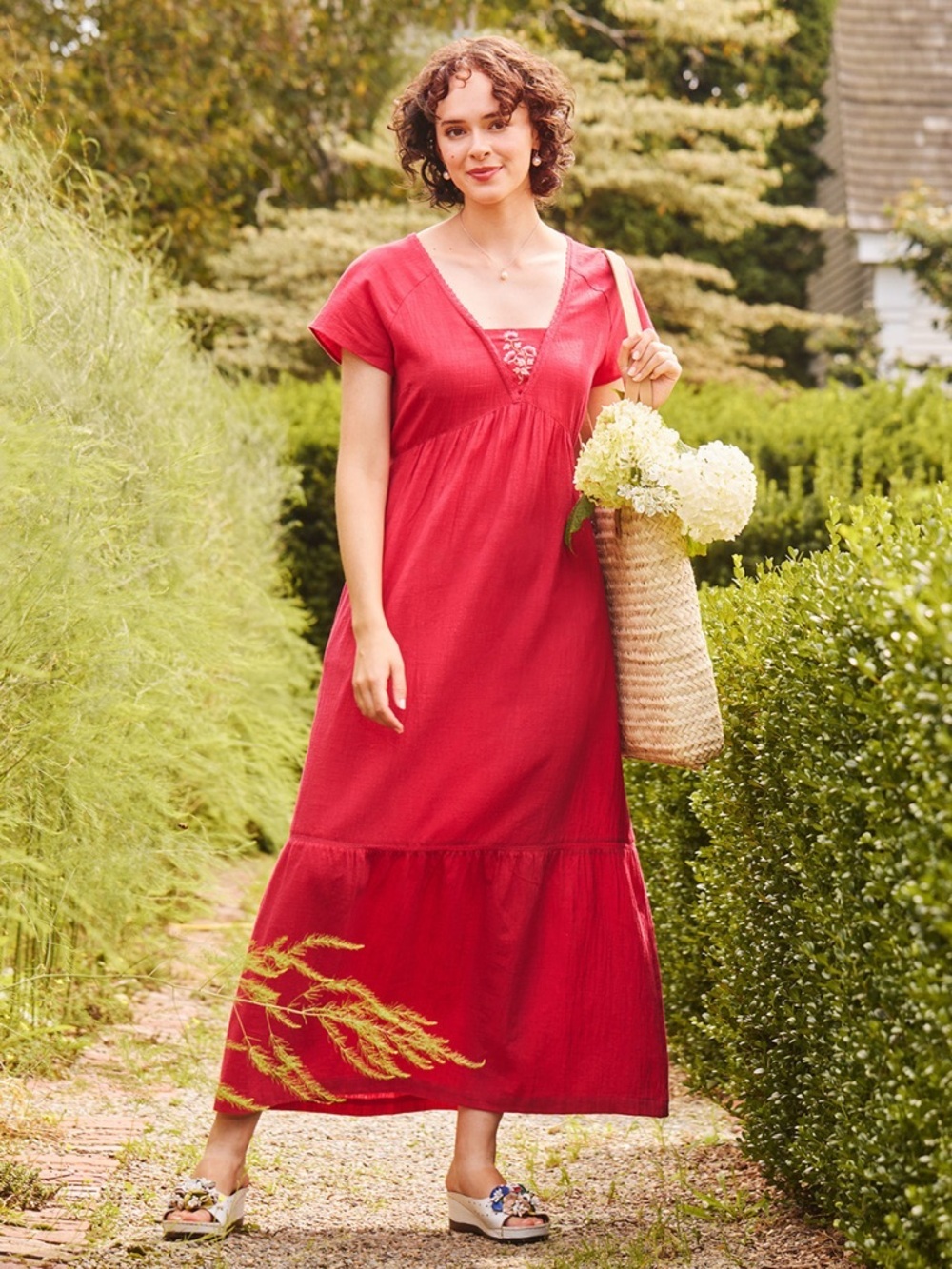 April Cornell red Embroidered Cotton Pleasant Hostess Dress Sz L